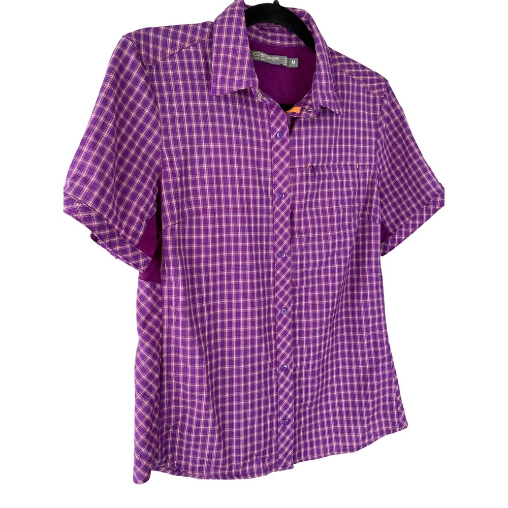 Icebreaker Womens Merino Wool Shirt M Purple Plaid Snap Short Sleeve Outdoor